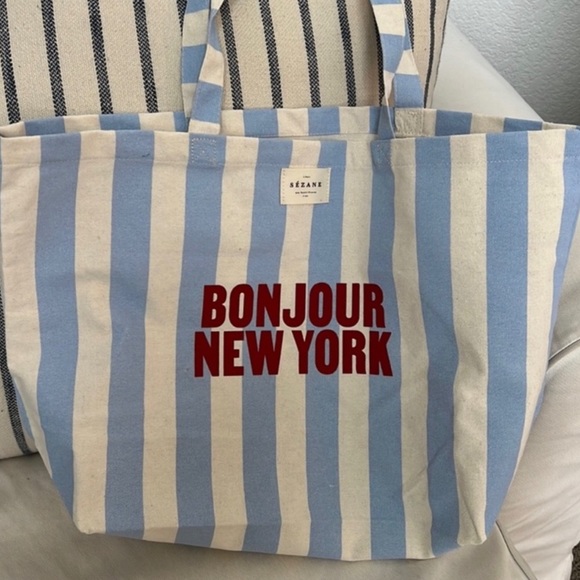 Sezane Handbags - Sezane Bonjour New York Tote Bag, Blue and white crean stipes.…NWOT!!